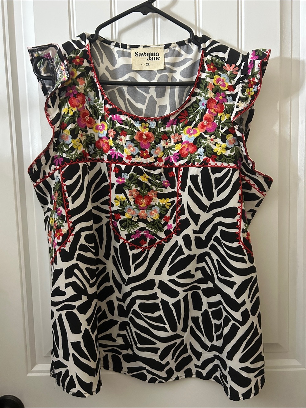 Floral Embroidered Black & White Zebra Print Sleeveless Top